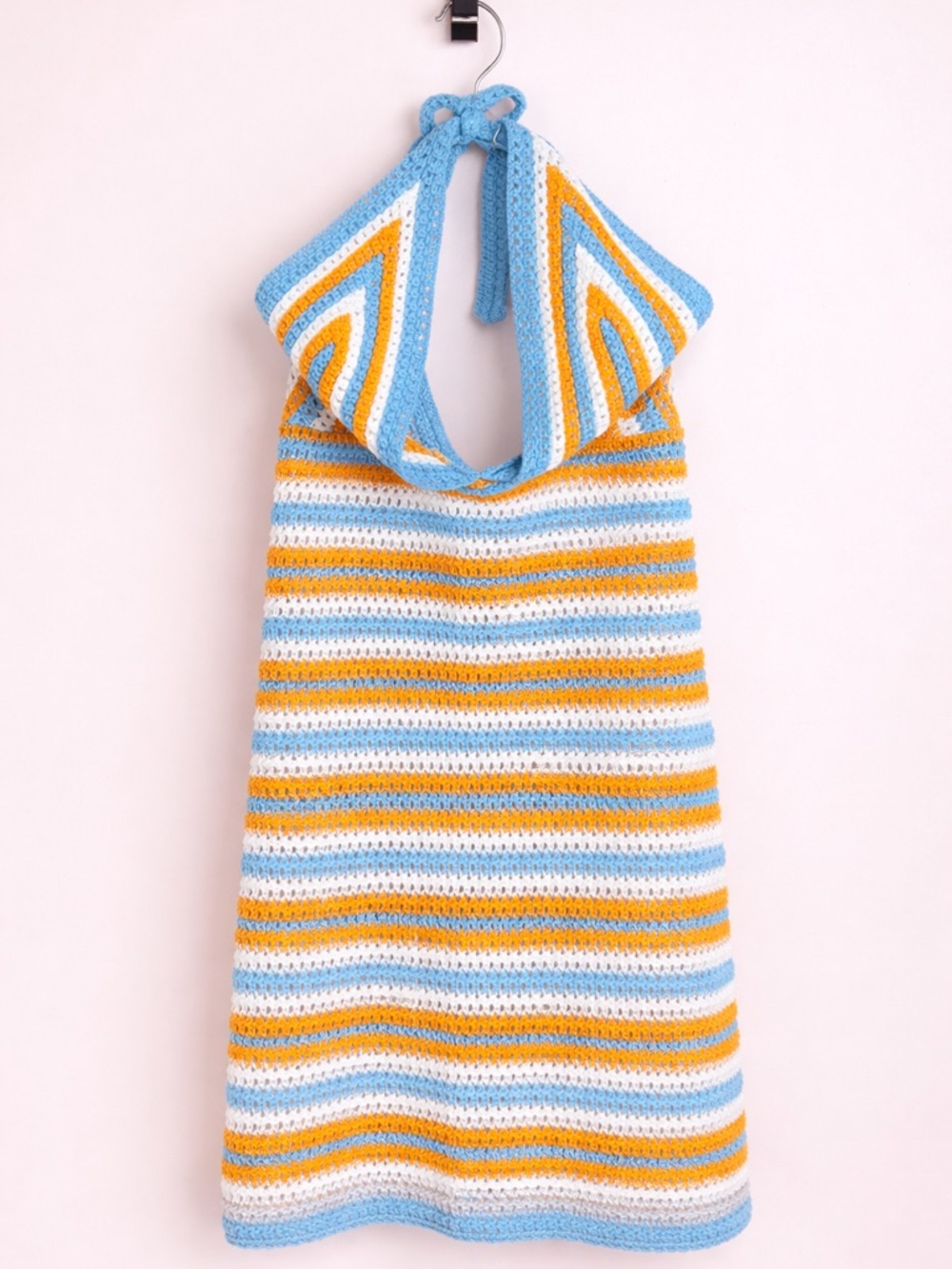 Double Zero Striped Crochet Halter Dress in Blue, White & Yellow